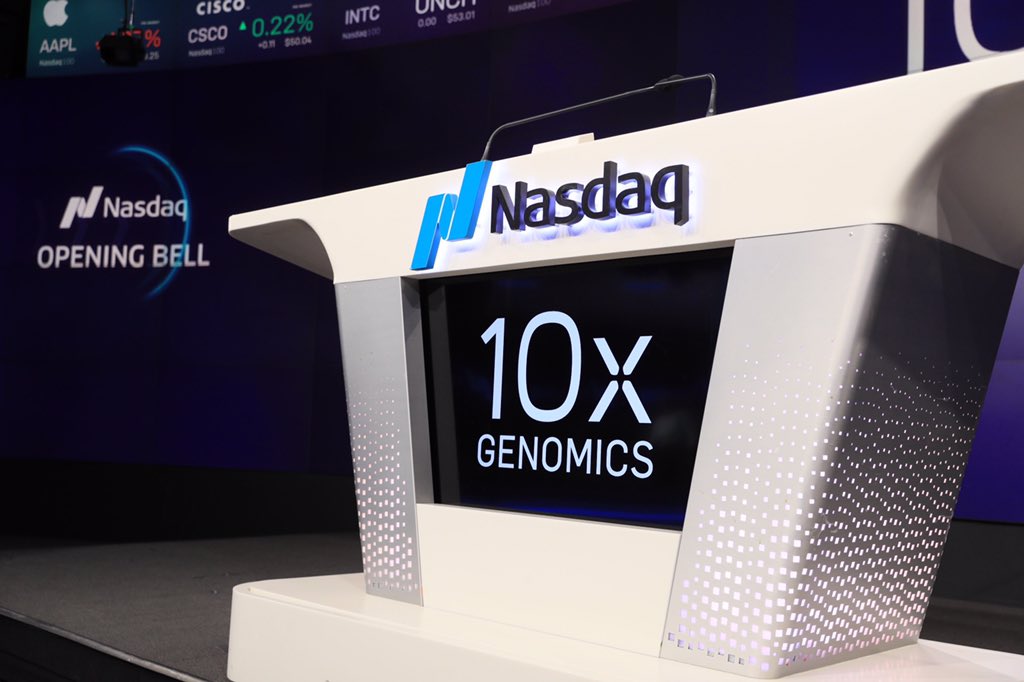 NasdaqExchange's tweet photo. We are thrilled to welcome @10xGenomics to ring the Nasdaq Opening Bell now that it is trading under ticker symbol $TXG! 

The company analyzes biological systems at a resolution and scale that matches the complexity of biology. #10xGenomicsIPO #CenturyofBiology https://t.co/oUPEywVNoO