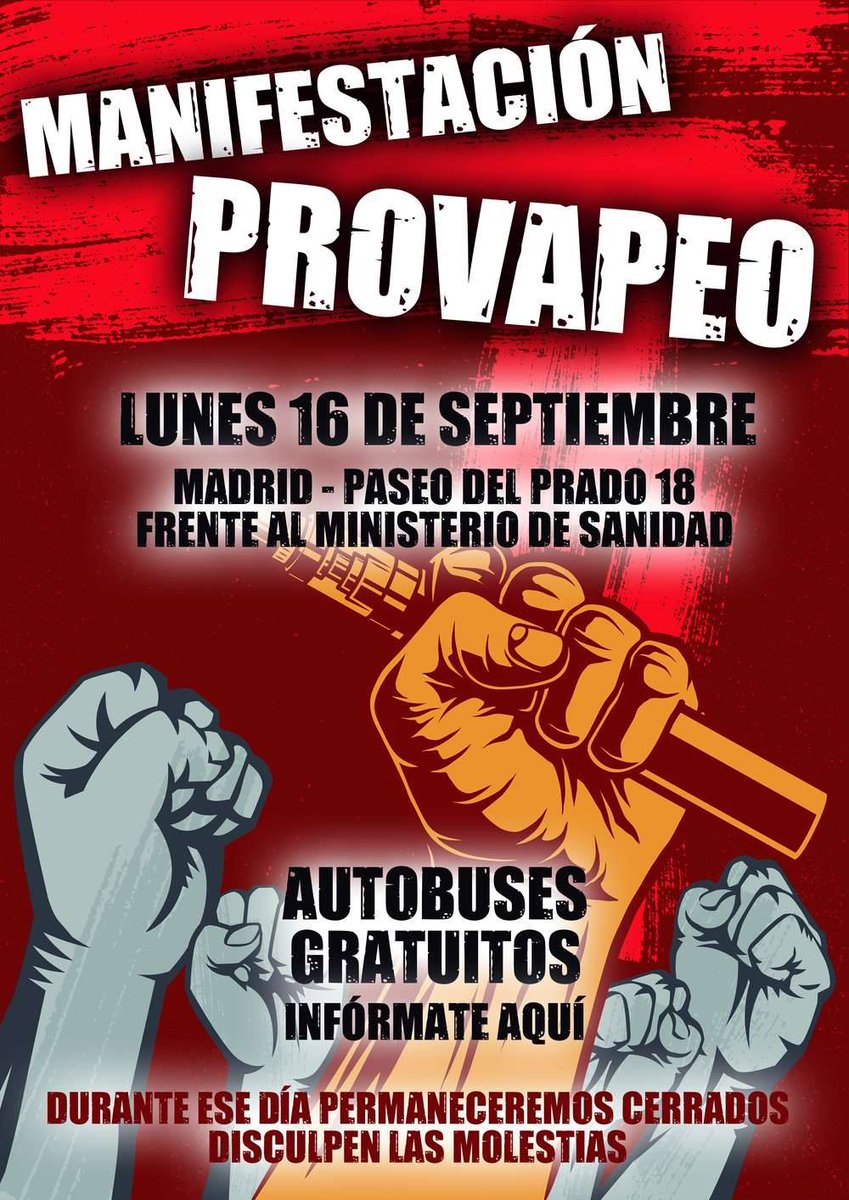 LaVaportecaCOM's tweet photo. El Próximo Lunes 16 de septiembre permaneceremos #CERRADOS 🔒. Desde @LaVaportecaCOM nos adherimos a la manifestación📣 #ProVapeo del próximo Lunes 16 de septiembre convocada por @anesvap #AnesVAP 💨 

#StopCensura #ElTabacoAtaYTeMata #VapearSalvaVidas https://t.co/QEmGdtgTAS
