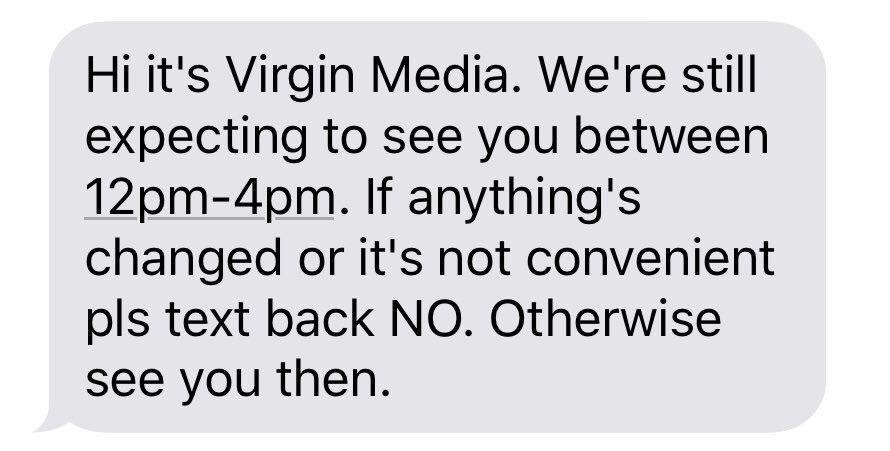emranc1's tweet photo. @virginmedia No idea... had to call up and argue to get my appointment rebooked. FYI your text service is not accurate! If something is not convenient doesn’t mean it should be cancelled! There should be an option to reschedule https://t.co/ayz94jRaaz