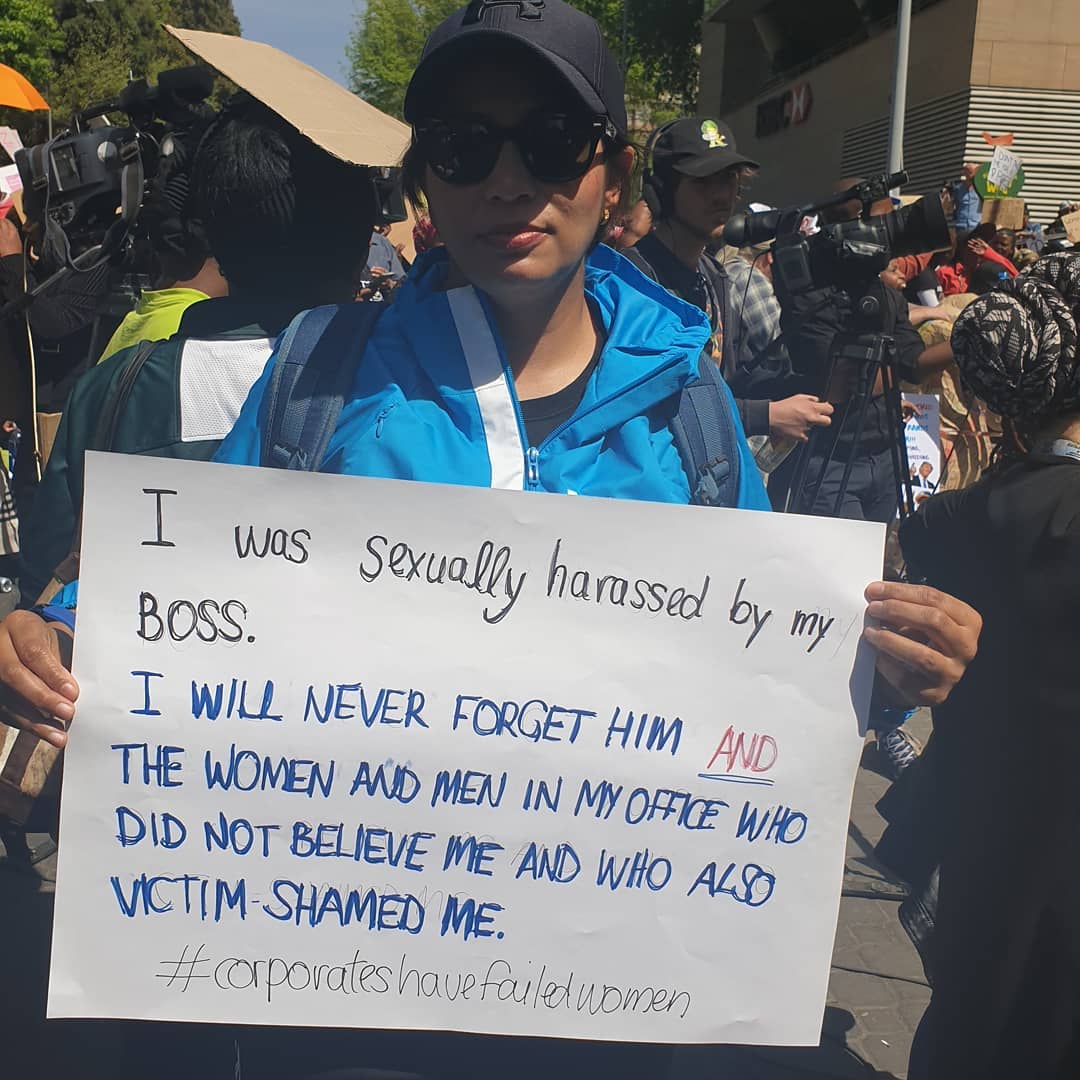 WomenProtestSA's tweet photo. "Our bodies are not your crime scene, corporate SA. Because you have the money to fight GBV, do it." 
- Mandisa Khanyile 
@Ezamission
 
#SandtonShutdown 
#PayThePatriarchyTax 
#IWontBeNext https://t.co/lzzGqMr9Ku