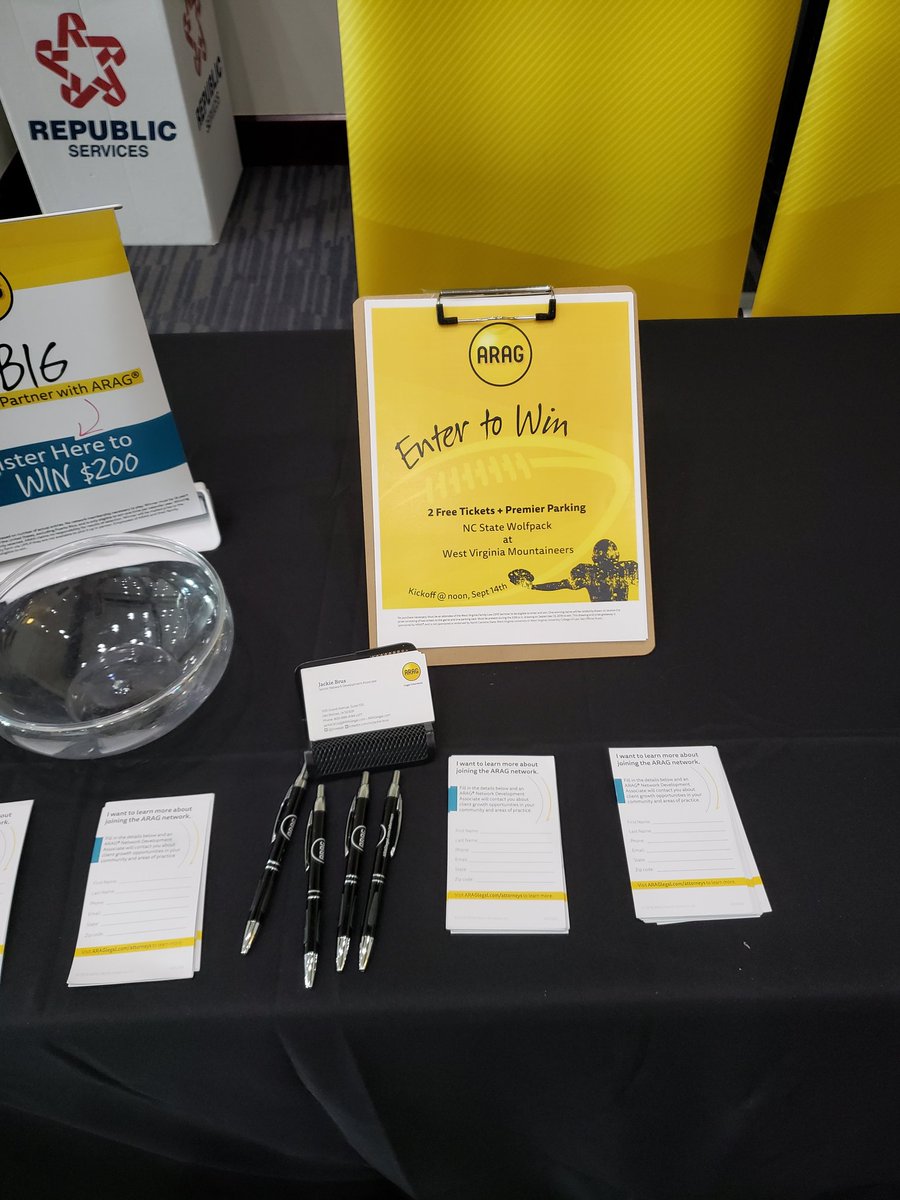 jrosepat's tweet photo. Stop by the @ARAGlegal table to learn how ARAG can help you gain additional clients and register to win $200 GC or tickets to tomorrow's game @WVStateBar https://t.co/jDpgp3k5uI