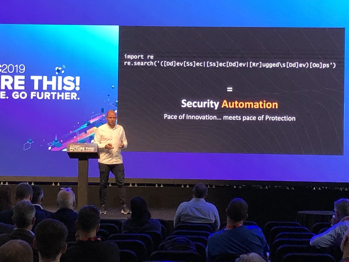 PatrickRedknap's tweet photo. @steven_bryen on stage at #CloudSec2019! #AWS #security #automation #cloud https://t.co/2PV8QKxv4M