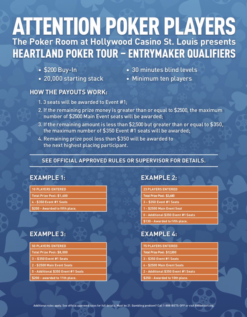 Join us tonight at 7pm for the first $200 HPT Entry Maker.

Great opportunity to win a seat into the upcoming <a href="/HPTPoker/">Heartland Poker Tour</a> Championship series at a discounted rate.

There are two more Entry Maker tournaments this month: Sept 21 at noon and Sept 27 at 7pm. #HPTSTL