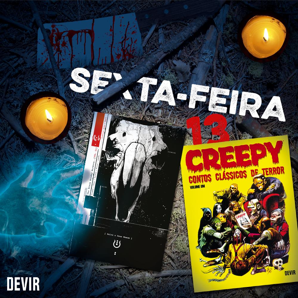 DevirBrasil's tweet photo. Que ótimo dia para tomar uns sustos, não?! Chame o amigo e leia histórias que fariam até o Jason correr. 😬 🧛♂️🦇
#blackmondaymurders #creepy #sextafeira13 #devirHQs https://t.co/KMzc9tx0BB