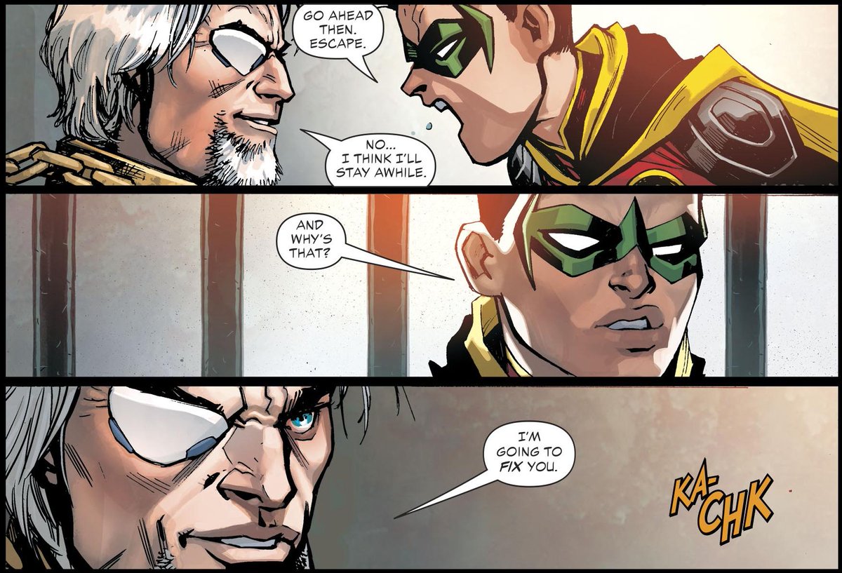 At the end of Teen Titans Issue #28, Deathstroke coolly tells Damian that he's only in the prison because he wants to be and that he's going to stay because he's going to "fix" Damian.