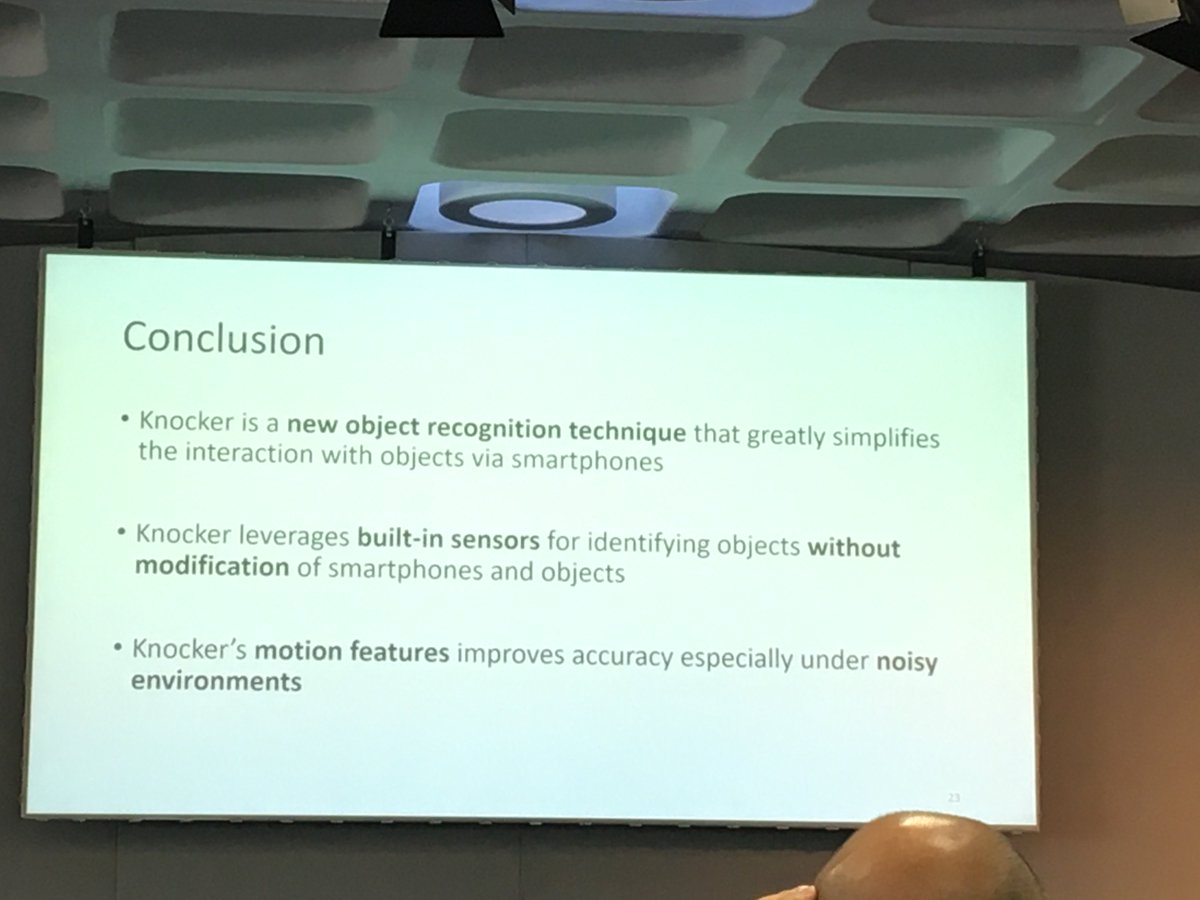 marla_nag's tweet image. Very interesting work at the “Sound, Speech and Hearing” session at #UbiComp2019 by Gong et al. Knocker enables object recognition by simple knocking on everyday objects using only in-built smartphone sensors. 
#ISWC2019