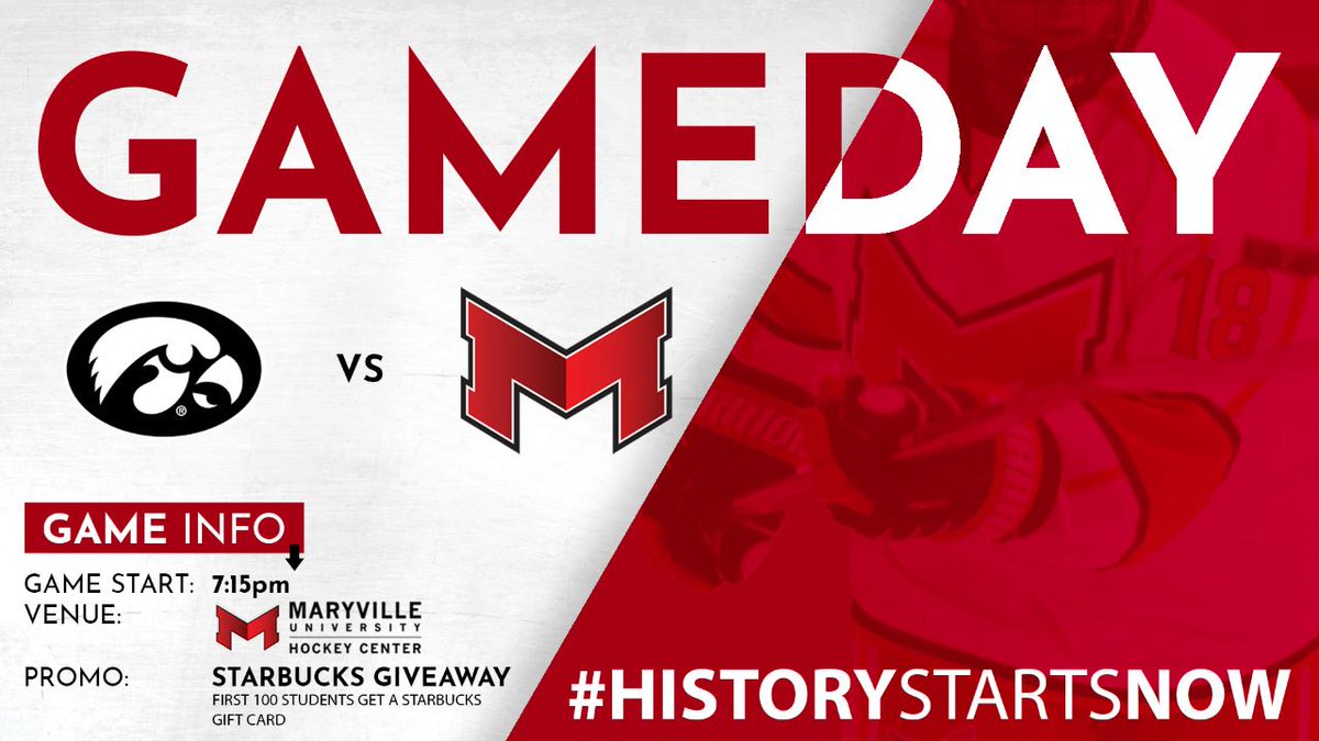 GAME DAY!!! The DI Dawgs battle <a href="/hawkeyeshockey/">Iowa Hawkeyes Hockey</a> tonight in the Home Opener at the Maryville University Hockey Center! The first 100 <a href="/MaryvilleU/">Maryville University</a> students in attendance will receive a <a href="/Starbucks/">Starbucks</a> gift card! Lets #PackTheDawgHouse tonight! #HistoryStartsNow #Dawgs