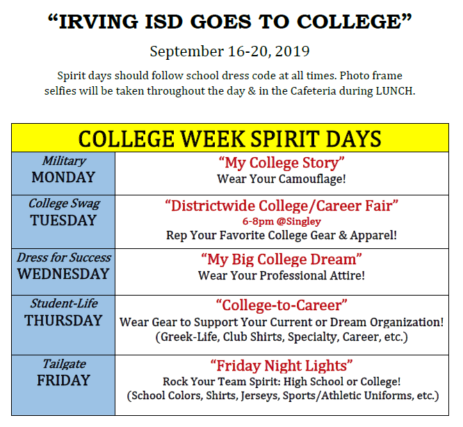 Irving goes to college next week!