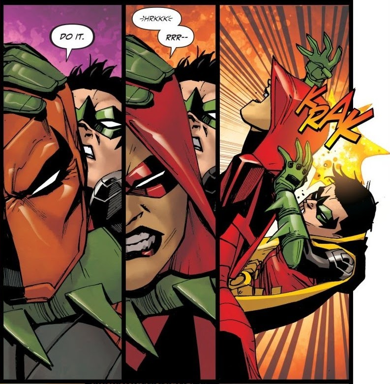 The next keypoint would be Damian and Emiko's training session where Damian nearly snaps Emiko's neck. Slade's words from their last conversation are haunting him, causing him to picture Slade during their spar. Emiko head butts Damian pretty hard to get him to snap out of it.