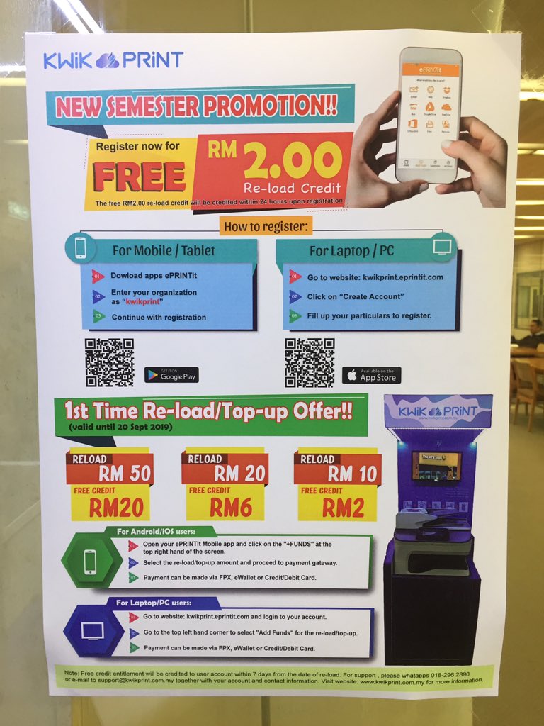 Anak-anak UKM. Kat PTSL aras 3 dah ada printer ni. Korang pakai apps je lepas ni nak print. Bayar guna online payment. Sekarang tengah ada promo tu. Dia bagi RM2 free kalau register. <a href="/UKMtwt/">noone/ UKMtwt</a>