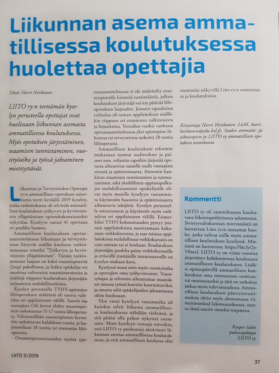 HeiskanenHarri's tweet photo. Opettajien mukaan liikunnanopetus ja työkyvystä huolehtiminen on vähintäänkin kriisissä ammatillisessa koulutuksessa. Kirjoittelin LIITO-lehteen tiivistelmää kyselystä esiin nousseista huolista. #liikunta #ammatillinenkoulutus #koulu https://t.co/oRswGIDqBa