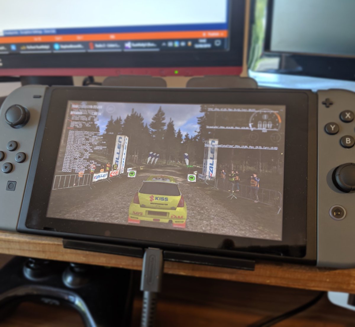 A week later (2 days and 3 nights work) and it is take off with the #NintendoSwitch build! #gamedev #nintendo #switch #indiedev #customengine #quickturnaround! #rushrally3 #brownmonster #wrc #rallye #rally