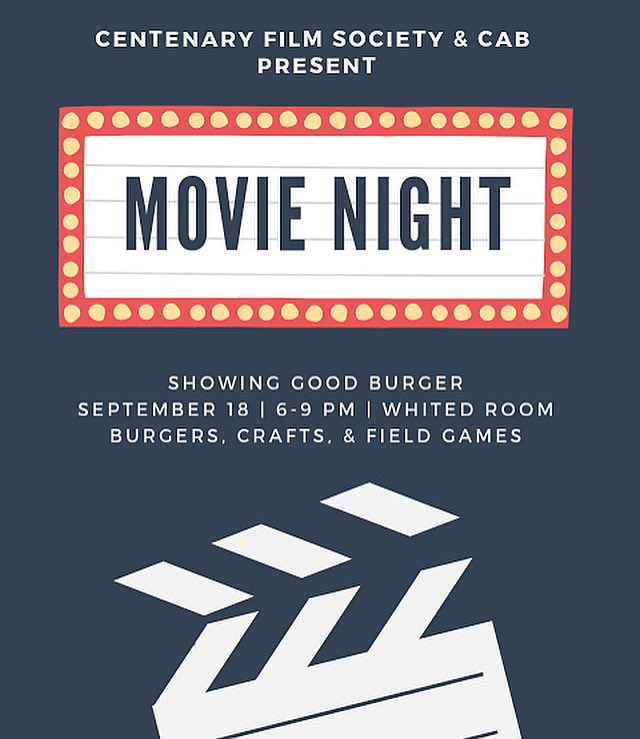 CentenaryCAB's tweet photo. Join us on Wednesday, Sep. 18 for food, fun, and film! Stop by from 6-6:45 to grab a burger and do some crafts, then wait for Good Burger to start playing at 7! #centenarycab https://t.co/BuwAnb72X5