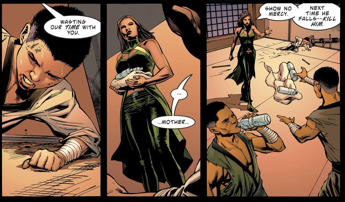 The issue starts off with a Flashback to one of Damian's training days. Damian's mother Talia Al Ghul has a very harsh way of training Damian to be better.(Let's ignore the problems we have with this scene just for the purpose of this thread)