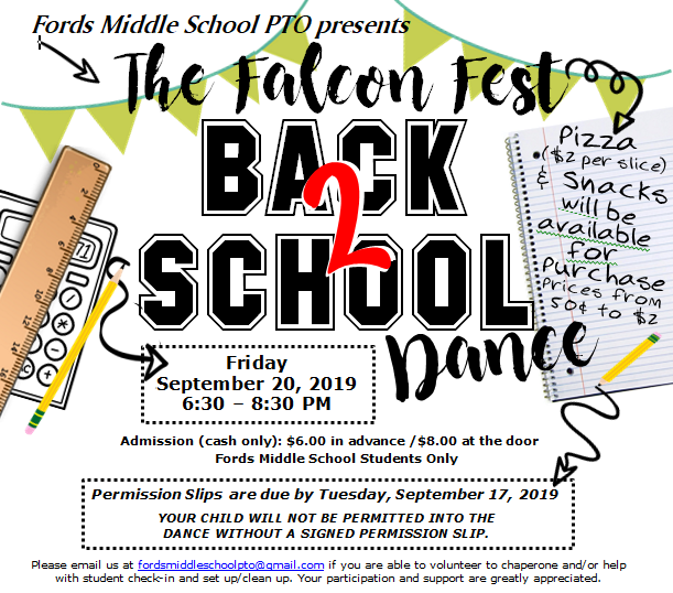 FordsMiddlePTO's tweet photo. Fords PTO will be hosting our Falcon Fest Back 2 School Dance on Friday, Sept 20th. Dance is open to all FMS students. $6 in advance/$8 @ the https://t.co/09ykUzky9Y & snacks available for purchase. Students need a signed permission slip for entry. @FordsMiddleWTSD #falconsfever https://t.co/zrEZlRE4rm