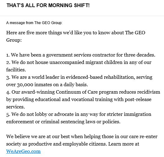 JFranzblau's tweet photo. GEO Group is paying @politico's immigration newsletter to spread lies about how it profits from immigration detention (h/t to @bova_gus for flagging this). Here are five things real things you should know about GEO: #DropGeo https://t.co/QpYBbGOjaw