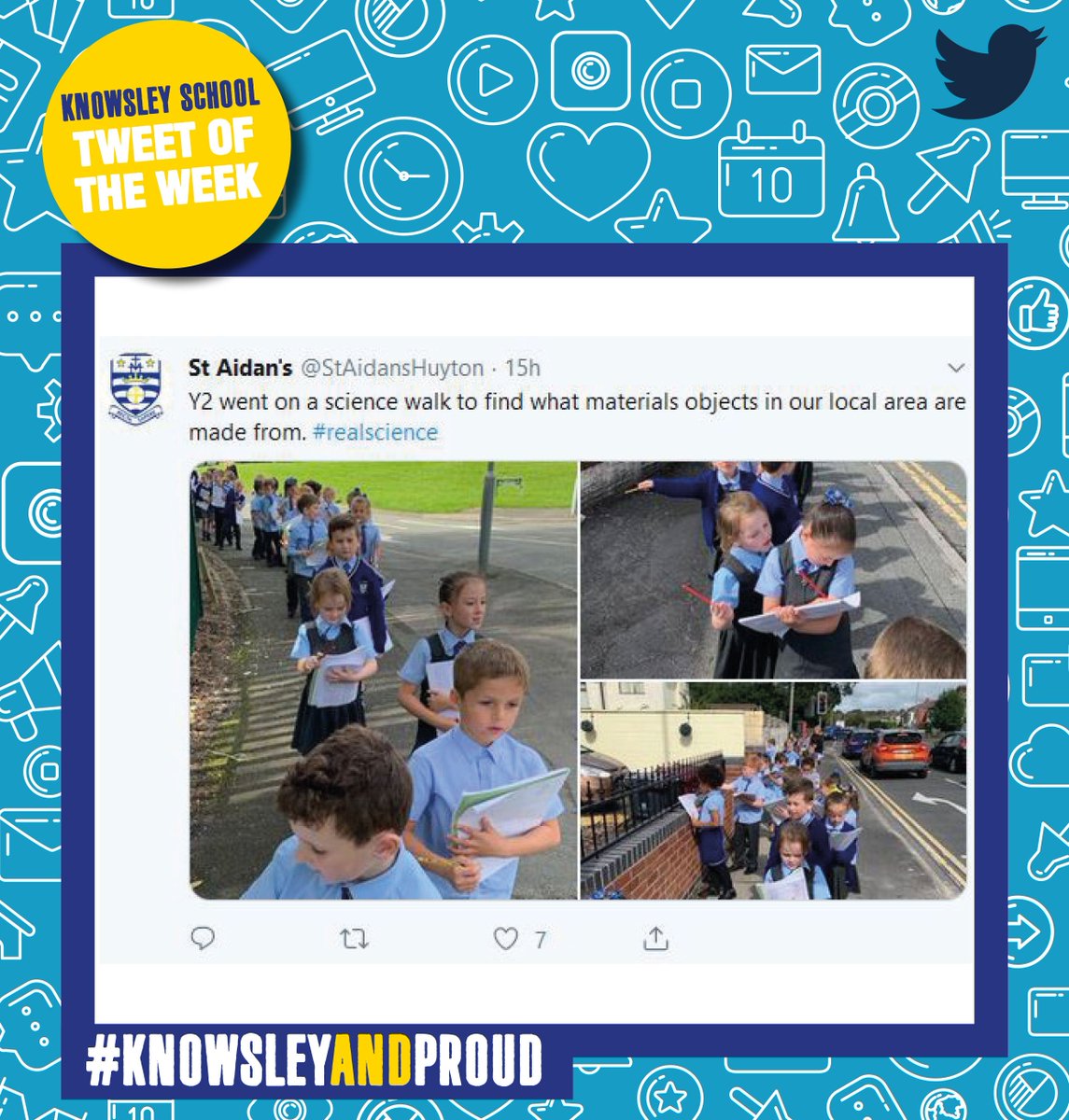 KnowsleyCouncil's tweet photo. Great to see these pupils getting out and about learning outdoors in the sunshine. We'd love to hear about the different materials you discovered. Congratulations St Aidan's, you're our #Knowsley #Schooltweetoftheweek! 
#Knowsleyandproud @StAidansHuyton https://t.co/wP4tJCGeZh