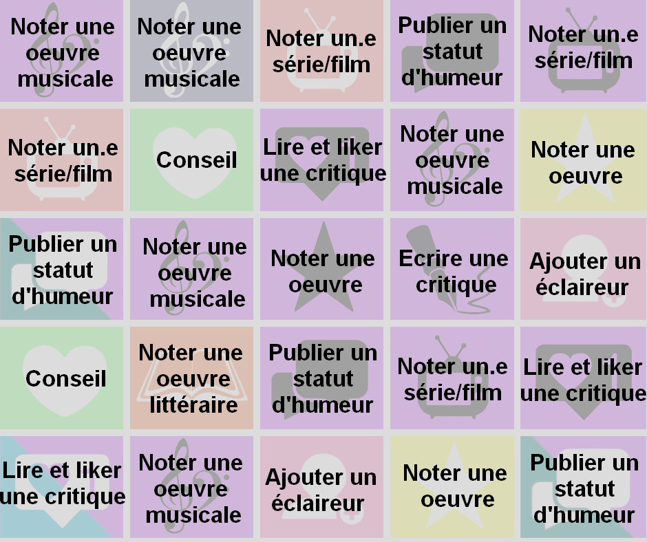 yoonminuscule's tweet photo. [ BINGO SENS CRITIQUE ] #BTSBingoSC

C'est parti ~ Je lance ce petit bingo consacré à Sens Critique, qui permettra aux ARMYs de découvrir le site et ses différentes possibilités !

Règles et précisions ci-dessous. https://t.co/hzwChDC9xv