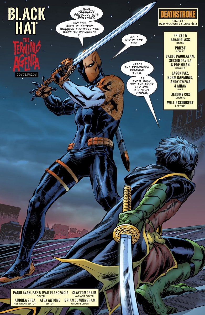 Damian goes up to confront Deathstroke (after making a few arrangements that would deactivate the stuff he put in the prisoners)