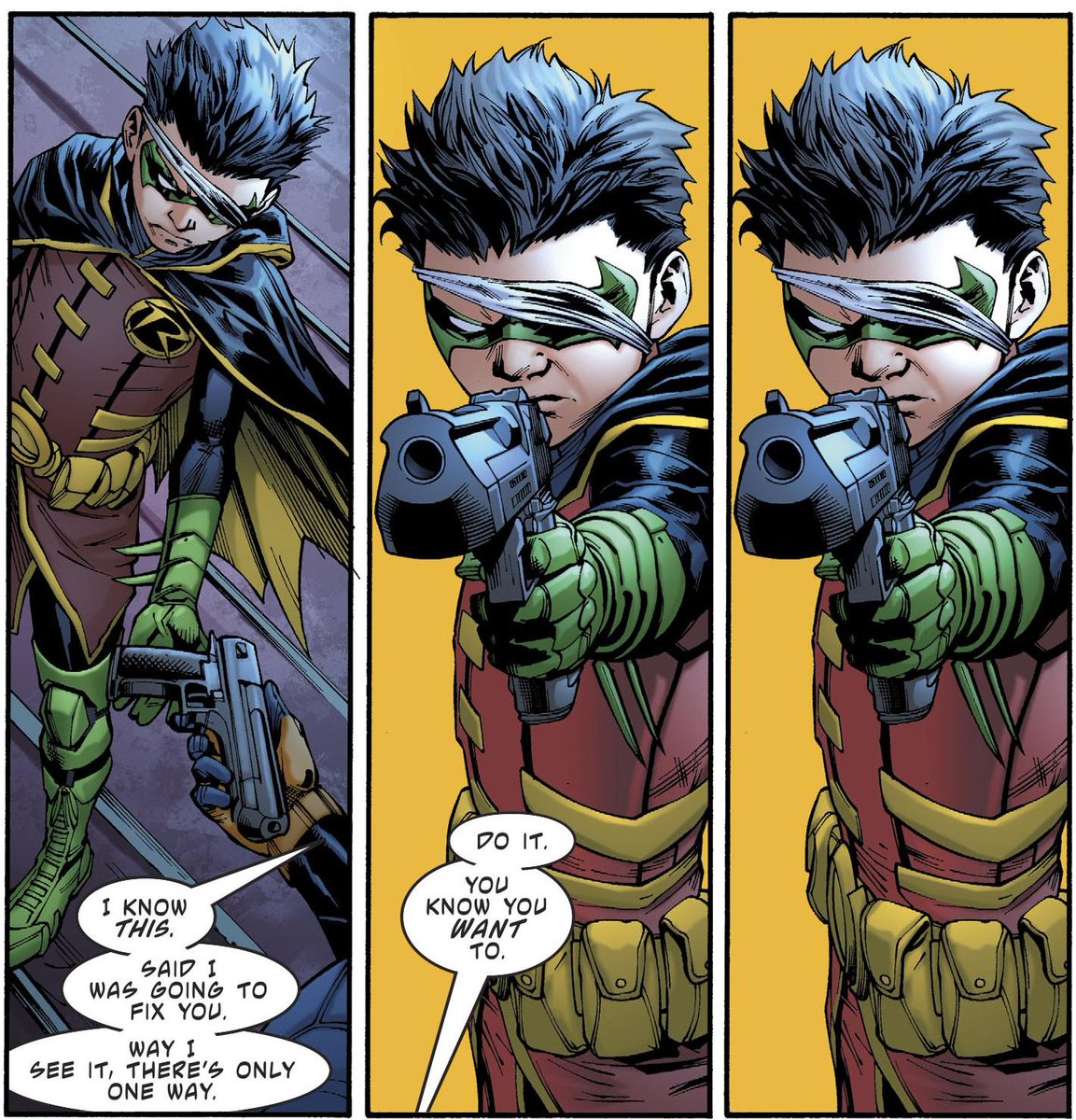 With that said, Deathstroke hands Damian his gun and Damian points it at Deathstroke.But before I continue, let's do a quick recap of how Emiko plays into all this