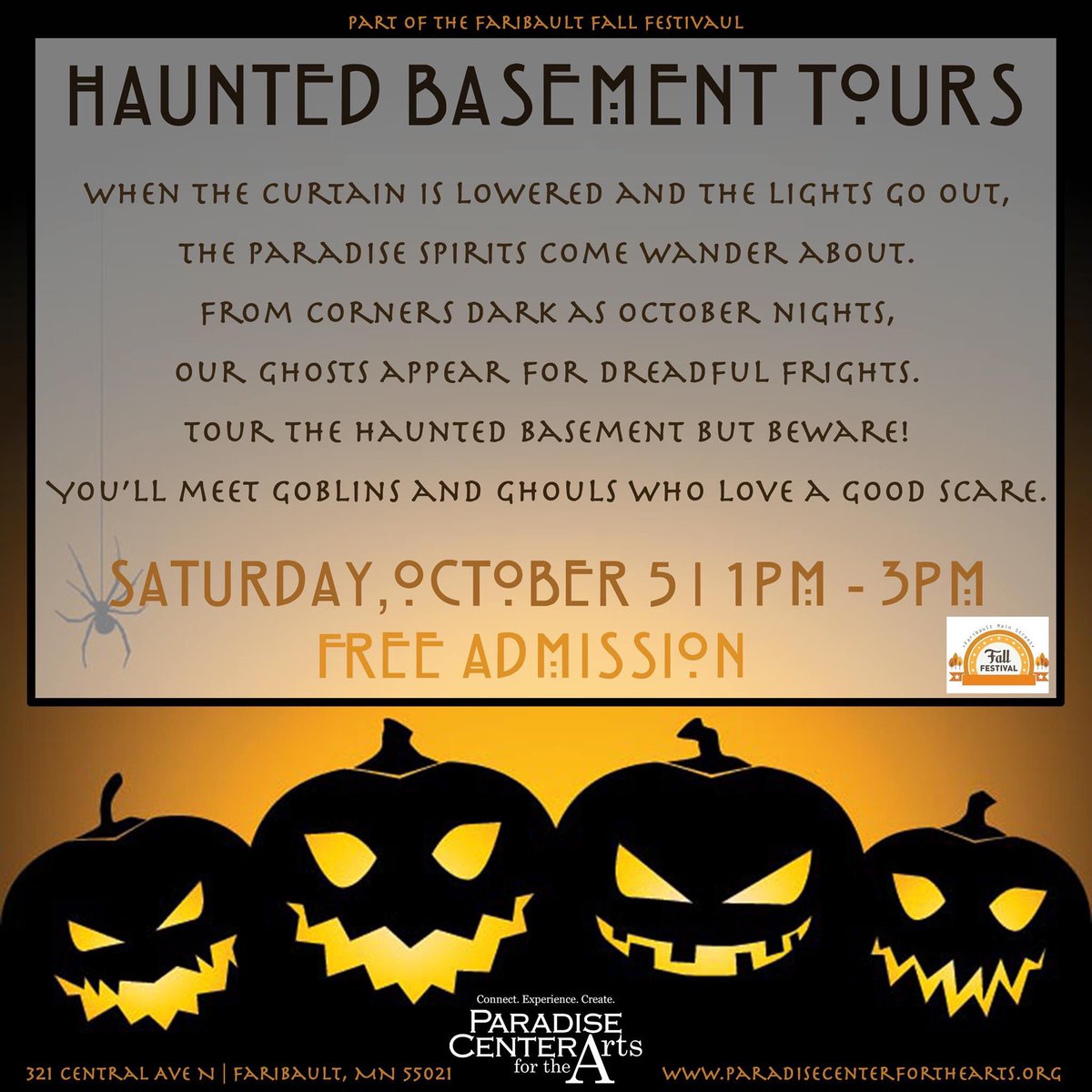 paradisecenter's tweet photo. 🎃🎃SAVE THE DATE🎃🎃

The Haunted Basement Tours at the Paradise Center for the Arts are fun for the whole family during the Faribault Fall Festival.

Join us Saturday, October 5 from 1-3pm
FREE ADMISSION

#boo #haunted #basement #hauntedhouse #fall #festival #fallfestival https://t.co/HZXkq2F8ye