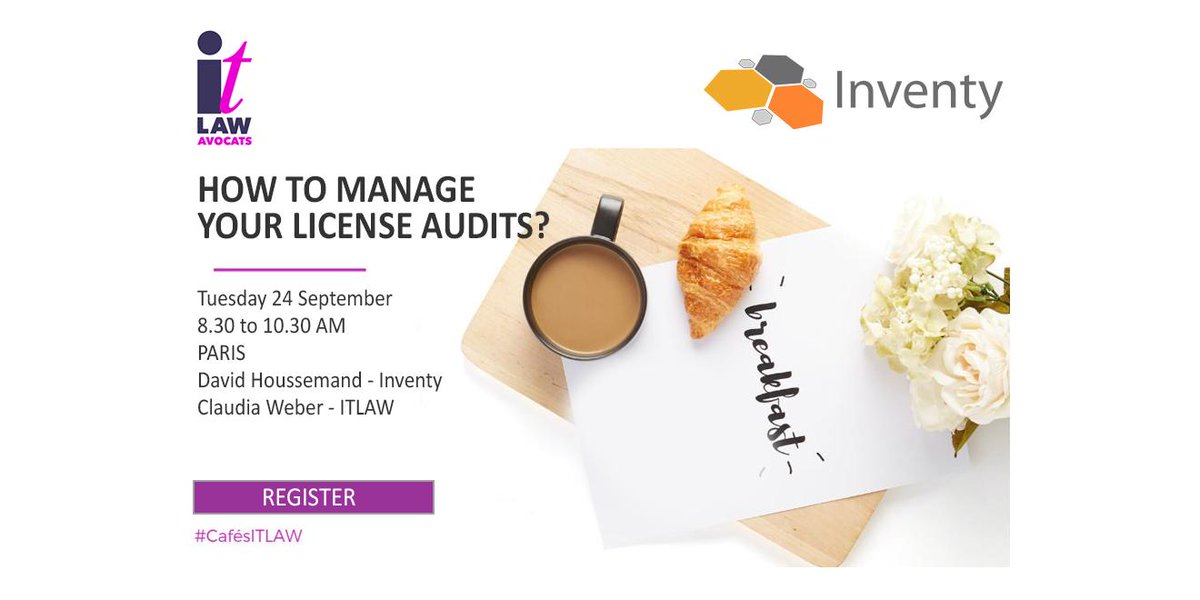 Tueaday, 24 September, from 8.30 to 10.30 AM
<a href="/DavidHoussemand/">david.houssemand@gmail.com</a> - Claudia Weber <a href="/ITLAWAvocats/">Claudia Weber - ITLAW Avocats</a>
REGISTER itlaw.fr/index.php/even…
#cafesITLAW #licensing #security #audit #software