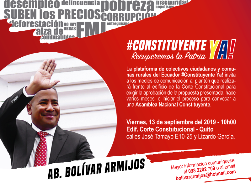 Constituyent_EC's tweet photo. Vamos juntos hoy a Recuperar la Patria. Los esperamos a las 10:00 frente al edificio de la @CorteConstEcu, #Quito calles José Tamayo y Lizardo García, para exigir una respuesta a nuestra propuesta de Consulta para Asamblea Nacional Constituyente @BolivarArmijos @MashiRafael https://t.co/r6P7WmwP0m