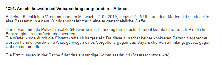 Hier der Polizei bericht zu dem Waffenfund bei #BPE / #Stürzenberger am 11.9. in #München.

tinyurl.com/y4mpjmw9
#noafd #noib #nopegida