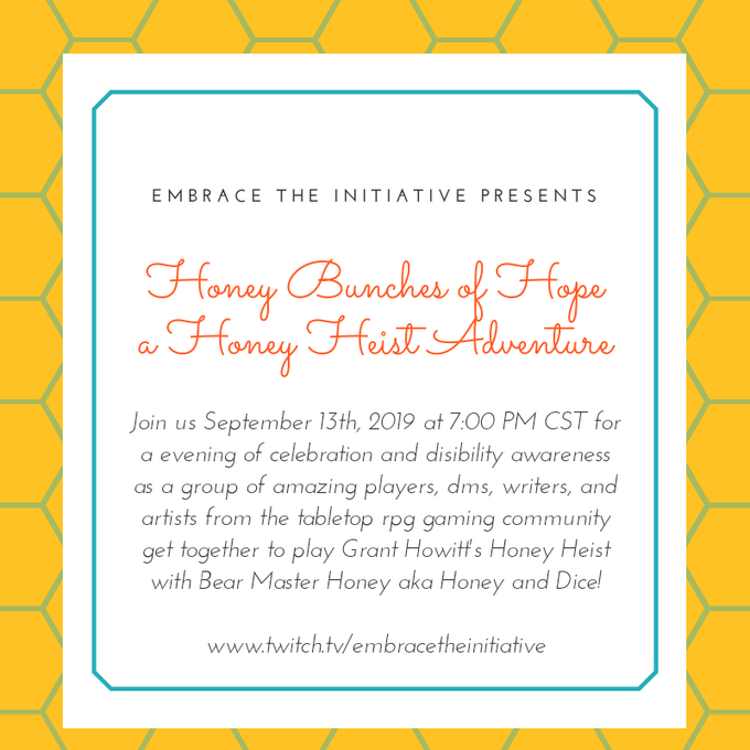mustangsart's tweet photo. TODAY at 7pm CST, I'm in a Honey Heist game with @samwise_gamegee @dreamwisp @Lynne_M_Meyer &amp; @DungeonCommandr &amp; our lovely GM @honeyanddice! We'll be bringing awareness to the disabled community and talking about our experiences. I'm bringing awareness to https://t.co/bWqP9xavTr https://t.co/Wtd9qkFXTg