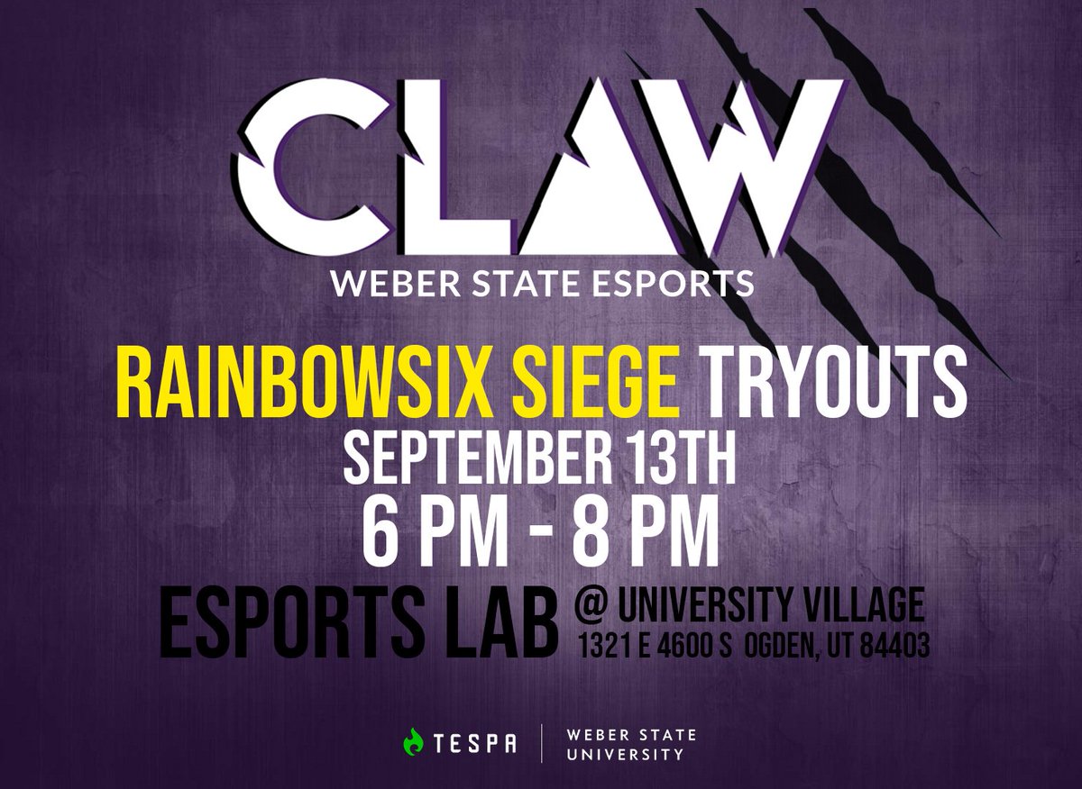 CLAW || Weber State Esports (@clawgaming_wsu) on Twitter photo Wrapping up the majority of our tryouts with RAINBOWSIX SIEGE tonight! 6PM @ the esports lab.  If you can't make it tonight, join our discord and we will get you set up with an online tryout date ⬇️
discord.gg/EYF3Rma  #CLAWesports Wrapping up the majority of our tryouts with RAINBOWSIX SIEGE tonight! 6PM @ the esports lab.  If you can't make it tonight, join our discord and we will get you set up with an online tryout date ⬇️
discord.gg/EYF3Rma  #CLAWesports