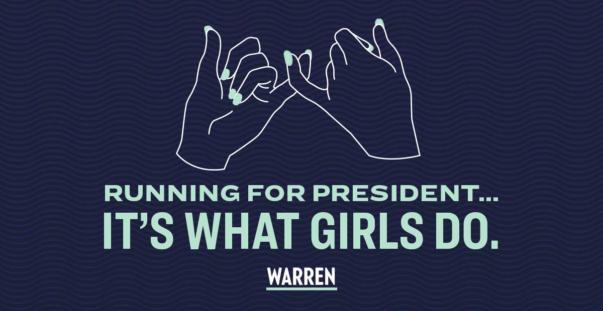 Illustration of a pinky promise with the caption "Running for president: It's what girls do."