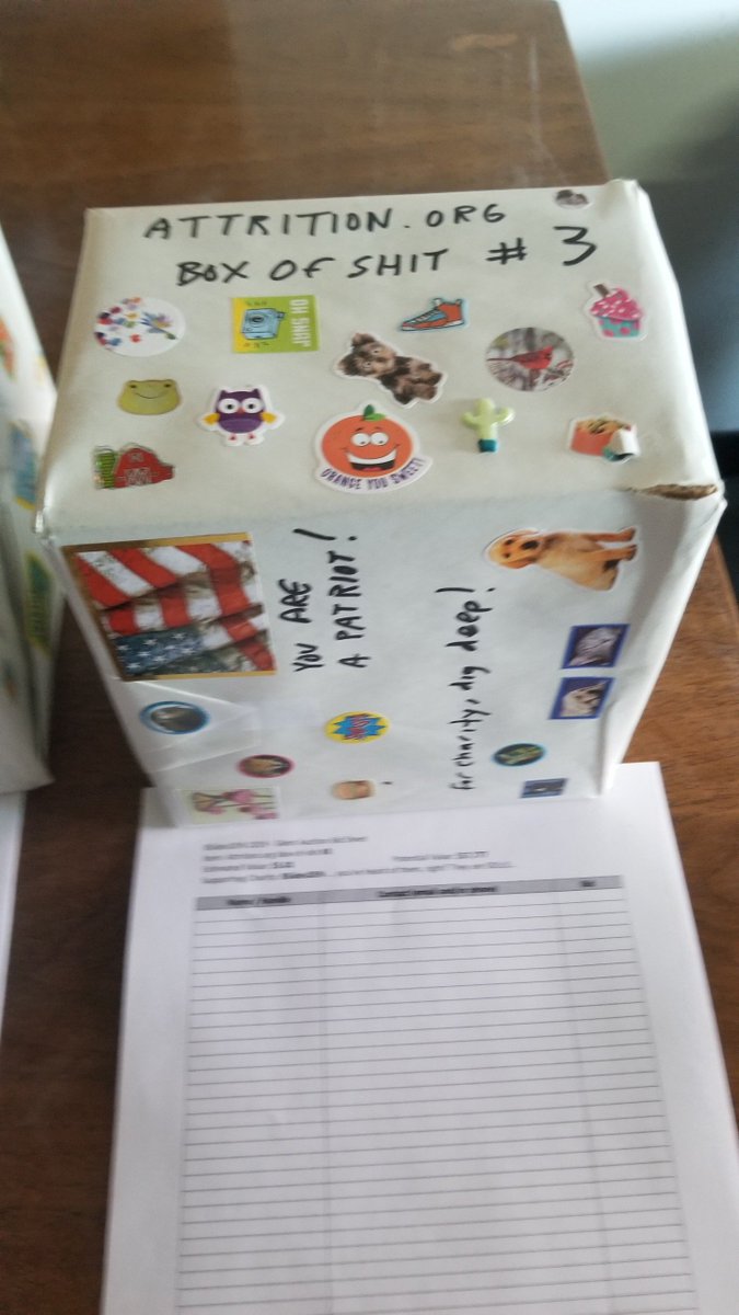 attritionorg's tweet photo. BSidesDEN charity boxes of shit, silent auction is live! #bsidesden https://t.co/CssQm5fLP4