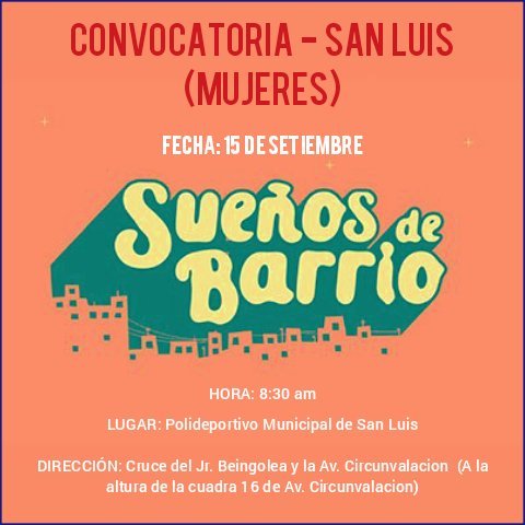 SuenosDeBarrio's tweet photo. ¡ATENCIÓN CHICAS DE SAN LUIS! #FútbolFemenino

Este DOMINGO 15/09, haremos una convocatoria en San Luis. Esperamos a todas las chicas entre 10 y 13 años. No olviden su DNI.

¡Las esperamos!

Lugar: Polideportivo Municipal de San Luis

¡Fútbol femenino en #SueñosdeBarrio! https://t.co/yTO1QVPgnN