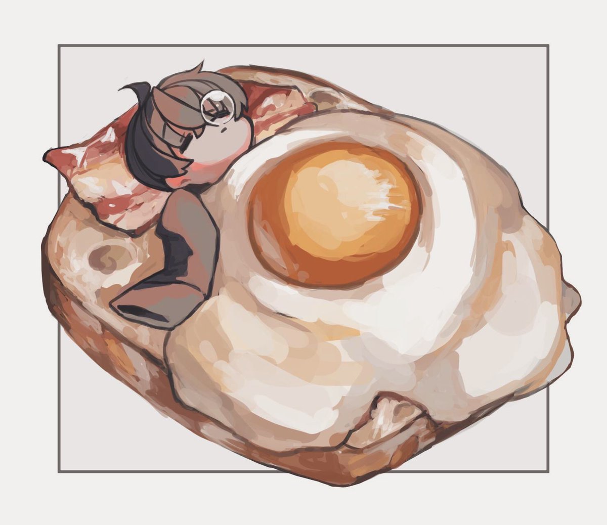 fried egg food sleeves past fingers male focus 1boy sleeping egg (food)  illustration images