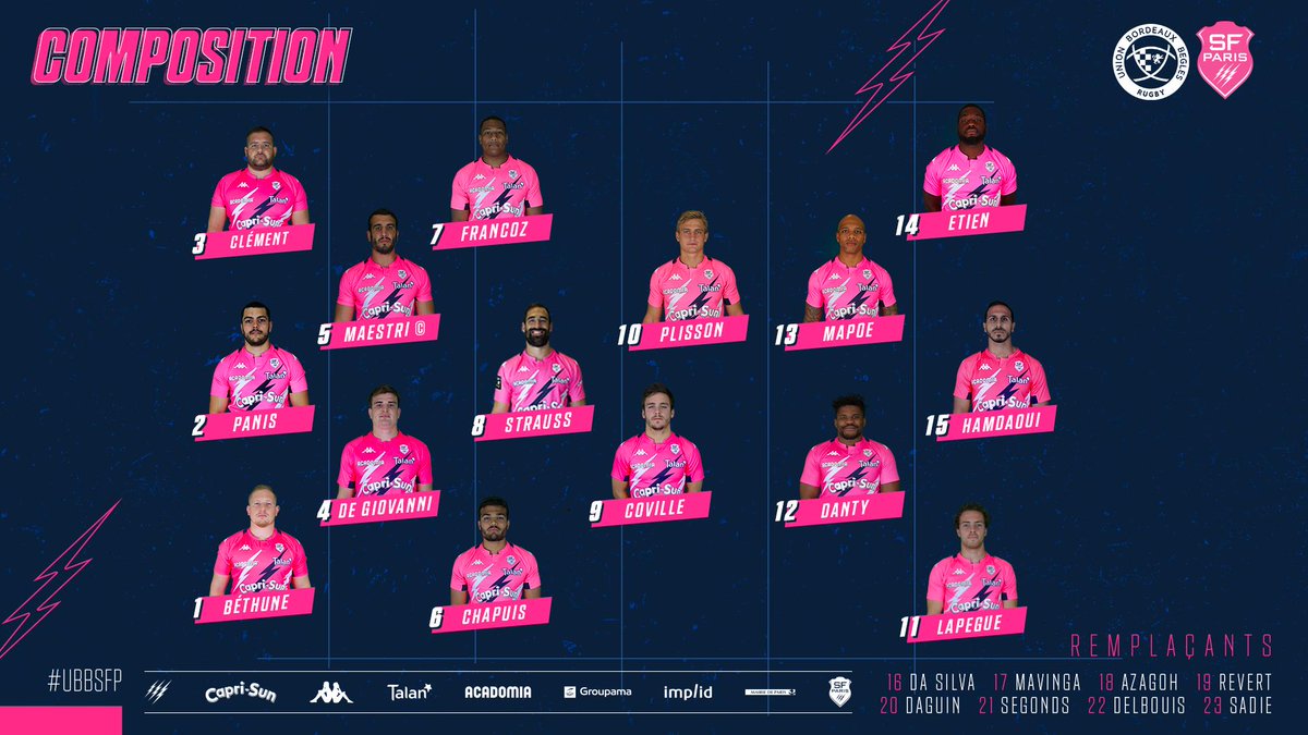 📋 Le XV de départ parisien aligné à Bordeaux demain à 20h45 !

🆚 <a href="/UBBrugby/">Union Bordeaux Bègles</a> 
🏟 Stade Jacques Chaban-Delmas
📺 <a href="/CanalplusSport/">CANAL+ Sport</a> 

#UBBSFP I #SFParis