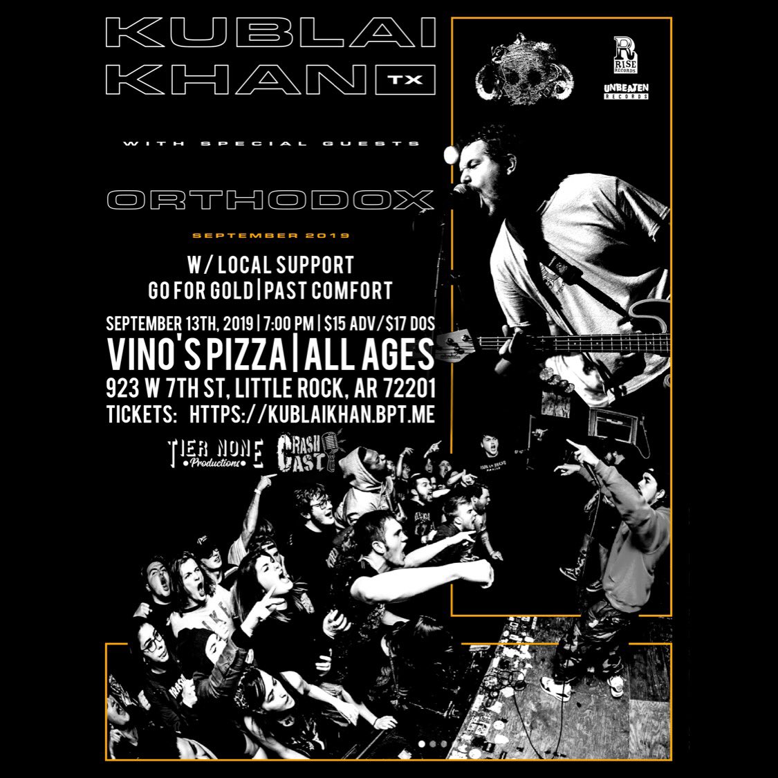 tier_none_'s tweet photo. TONIGHT!!! Online sales have closed, and remaining tickets at the door are LIMITED! If you don’t have a ticket, get here early to make sure you get yours! Doors at 7:00 PM, see you then!

@KublaiKhanTX | @orthodoxtn | @GoForGoldAR | @PastComfort 

Sponsored by: @crashcastpod1 https://t.co/YDOS22F9eS