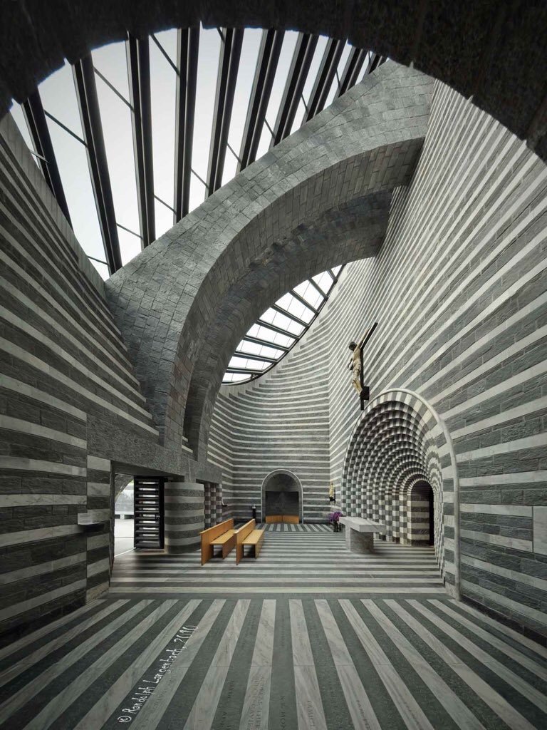 This is the interior of Botta’s Church of St john the baptist, Mogno, Maggia valley, Switzerland, 1986-1998Photo by Randolph Langenbach, 2010