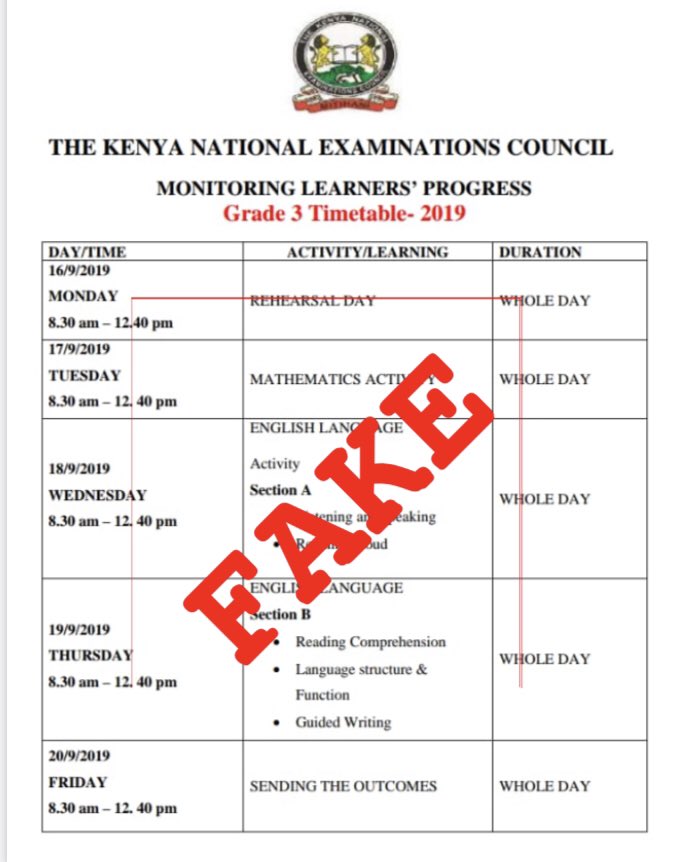 EduMinKenya's tweet photo. Public should be notified that the timetable circulating in social media on Grade 3 monitoring is fake. Under the exercise: 
1. There’s no supervisor/invigilator
2. No timetable
3. Is administered by class teachers 
4. No individual scores  
5. All Grade 3 kids to join Grade 4 https://t.co/kL5OEh2D01