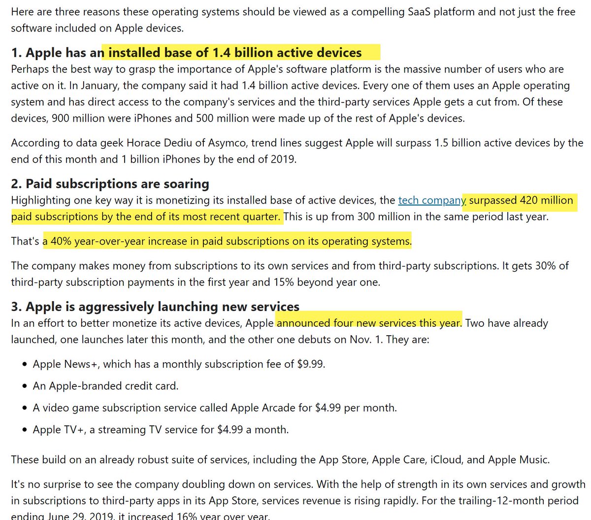 WTCM3's tweet photo. $AAPL "is monetizing its iOS, macOS, watchOS, and tvOS users with sales of content and subscriptions better than it ever has" https://t.co/cPjcbF7gdt https://t.co/zr76Lyy7GO