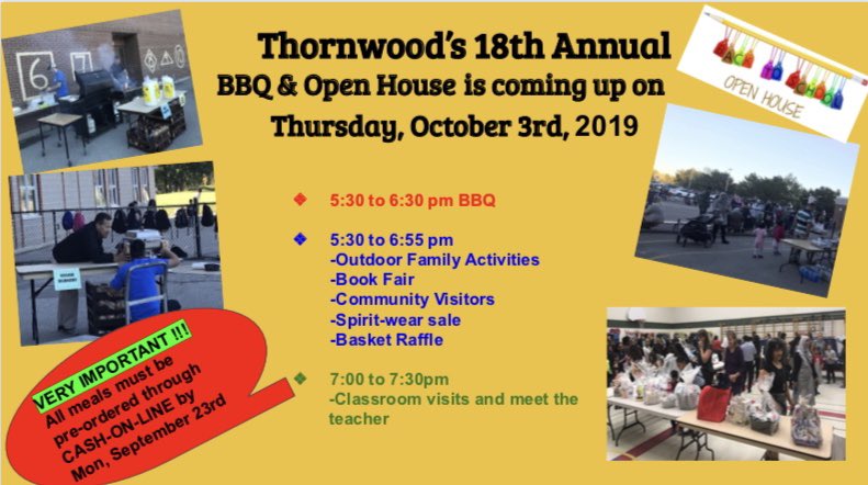 Save the date <a href="/ThornwoodPS/">ThornwoodPS</a> families!! Our 1️⃣8️⃣th Annual BBQ &amp; Open House is fast approaching on Thursday, Oct 3rd!! Looking forward to see you all for a fun evening!!
Don’t forget to PRE-ORDER your meal through CASH ON LINE By Sep 23rd #parentengagement #communitybuilding