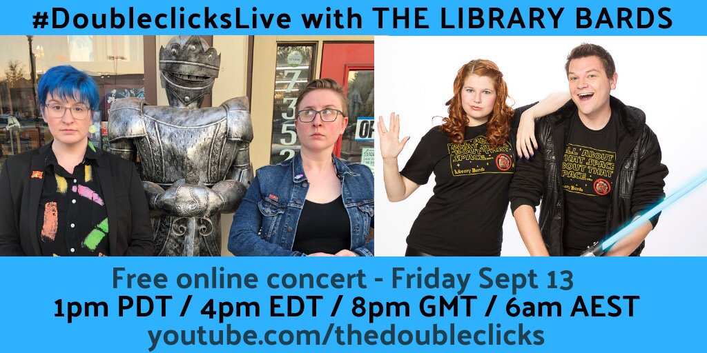 TheDoubleclicks's tweet photo. Itβs today! Our free online show! Tune in for #Doubleclickslive with us and @LibraryBards!!
Any doubleclicks song requests/dedications?
Details/links: https://t.co/Fq7BdOjD4L https://t.co/hN5pIkSZHF