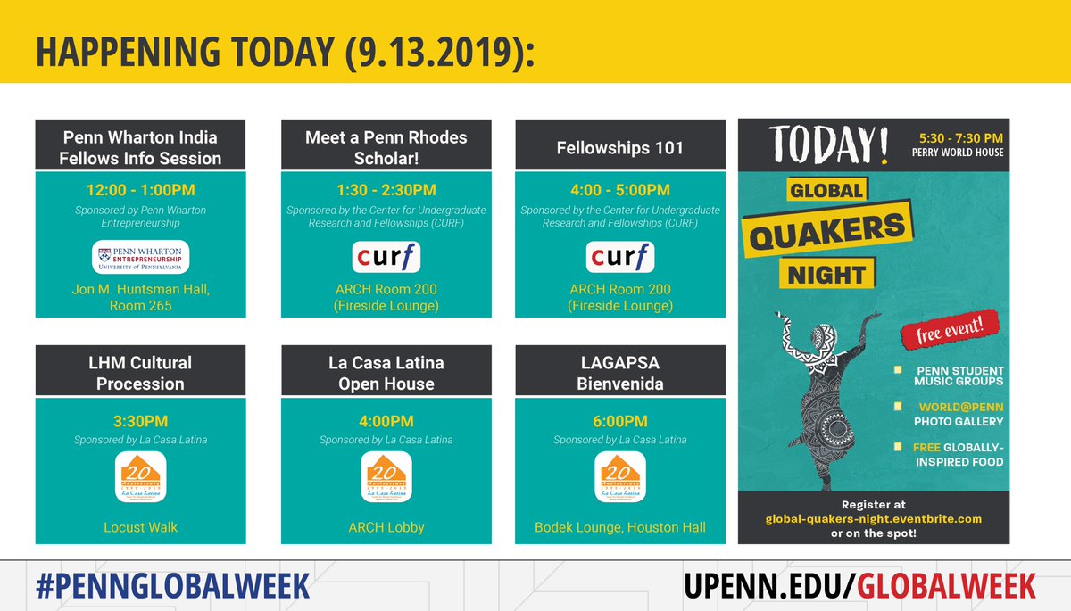 PennGlobal's tweet photo. It's the last day of #PennGlobalWeek!
Join us at Perry World House from 5:30-7:30PM as we send the week off with a bang during Global Quakers Night. Register here: https://t.co/lJXlRlhZFi. All members of the Penn community are welcome to celebrate with us!
#BeWellintheWorld https://t.co/c1jxbpS0h1