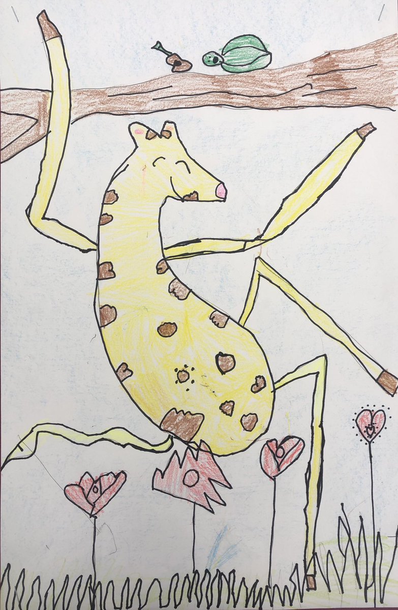 First graders did a drawing lesson based on showing “movement” within their composition. Based on “Giraffes Can’t Dance” by Giles Andreae, students did their own versions of dancing Gerald! #ellingcen #clsstripes