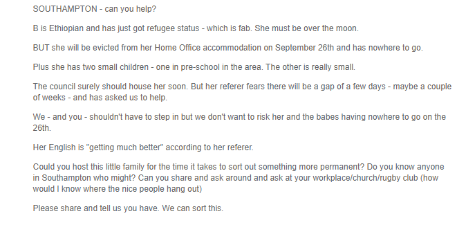 RefugeesAtHome's tweet photo. Right Southampton, your help is desperately needed! 
Mum and two small children are in need of some temporary hosting - unbelievably!
Can you host or know someone with a spare room and a big heart? Please RT, comment and help us make this happen! #Southampton #RefugeesWelcome https://t.co/g5GGai3dtP