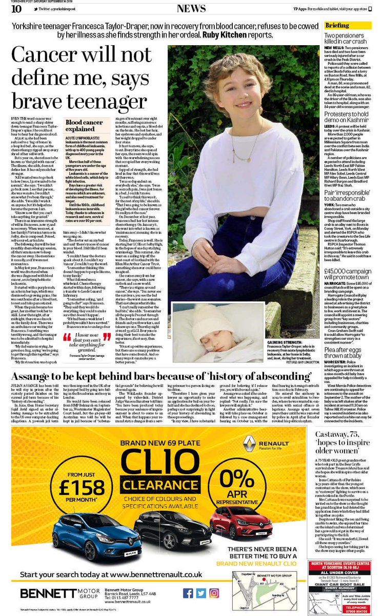 Sharing this ahead of it going to press for tomorrow...because I am acutely aware of my responsibility when it comes to giving people hope, and because 14-year-old 'bag of bones' Francesca Taylor-Draper is hope personified. #youmebigC #cancerwillnotdefineme