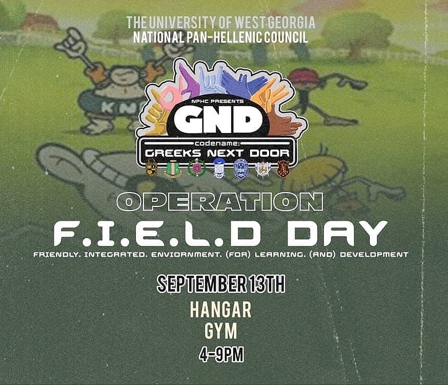 NphcUwg's tweet photo. We want to thank everyone who has came out to our events this week! Today is our final event for the Fall 2019 NPHC Week, Operation F.I.E.L.D. Day! Come out to enjoy some fun, friendly and competitive games! We can't wait to see you! #UWG #UWG19 #UWG20 #UWG21 #UWG22 #UWG23 https://t.co/xXvyjMxbY4