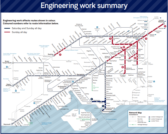 SW_Help's tweet photo. 🚧 *ENGINEERING* Planned engineering works will be taking place in the Portsmouth area on Saturday 14 and in the Portsmouth, Bracknell to Reading, Wimbledon, Kingston, Surbiton and Waterloo areas on Sunday 15 September. Please visit https://t.co/gClEWG2O2R for details. https://t.co/6YrWUWAput