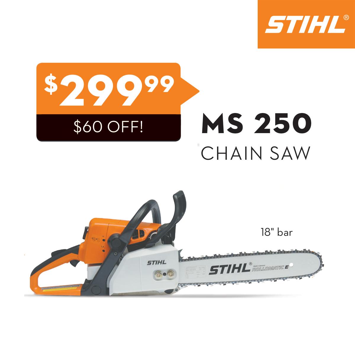 Time to take advantage of the cooler fall weather and pick up a chainsaw from Ty's!  Right now, save $60 on the MS 250! 

Learn more and get a FREE quote here:
ow.ly/xbos50w7RmB