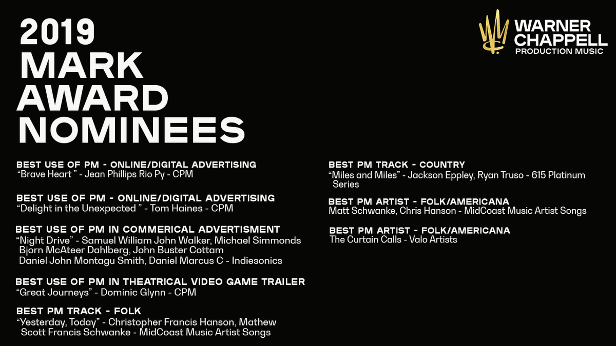 WCPM is thrilled to announce that we, along w/ our partner catalogs, have earned 8 nominations at the @thePMAmusic Mark Awards.The Mark Awards honor the achievements of the production music community &amp; will be presented during the PMA’s annual Production Music Conference, on 9/24