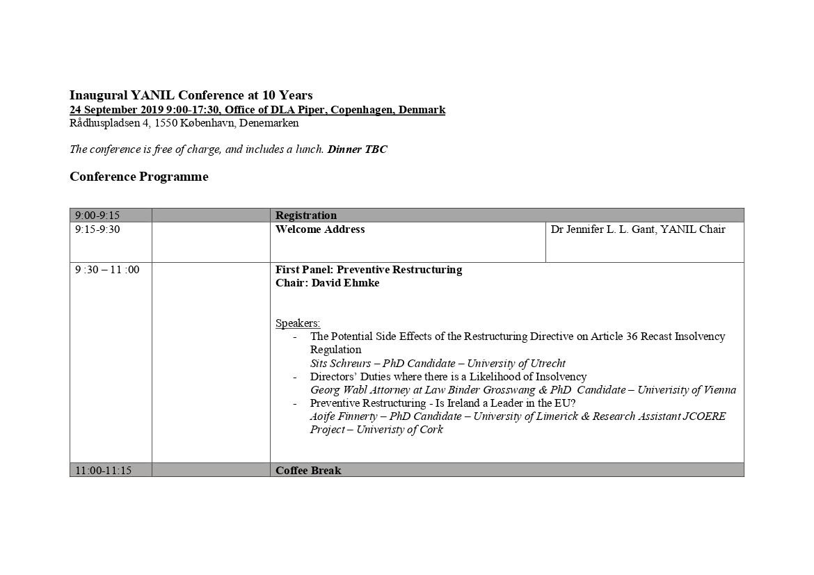 InsolYanil's tweet photo. Join us for the #YANIL Conference At 10 Years on Tues 24th Sept in Copenhagen. Great presentations from #PhD and early career academics on various #insolvency & #restructuring topics. Looking forward to the round table on insolvency #research with a focus on research methodology https://t.co/awQOxvYifu